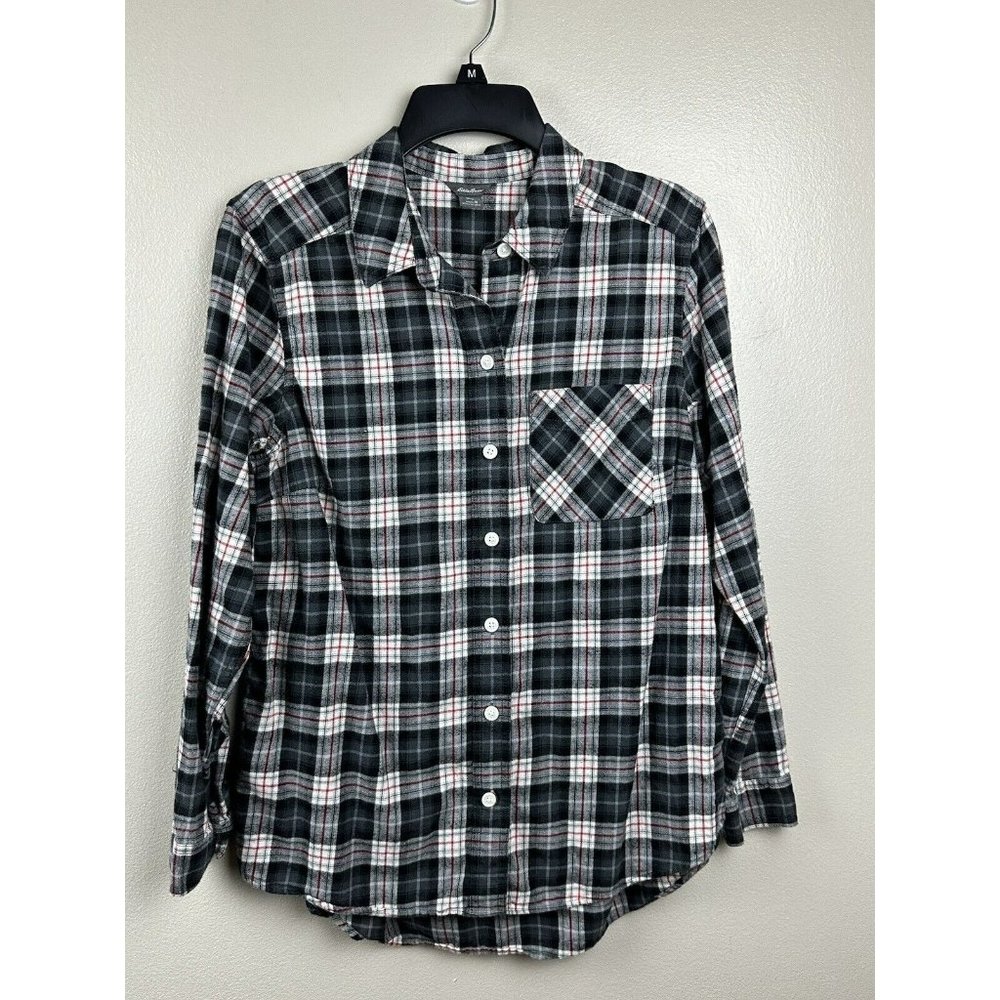 Eddie Bauer Women’s Medium Flannel Button Up Black White Red With Pocket